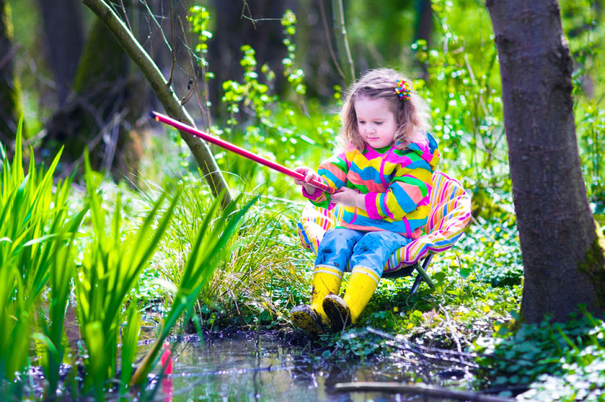 38889516 - child playing outdoors. preschooler kid catching fish with red rod. little girl fishing in a forest river in summer. adventure kindergarten day trip into wild nature, explorer hiking and watching animals.